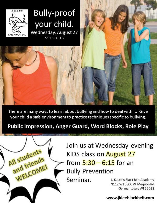 Anti bully seminar August 27th Wednesday from 5:30-6:15. #antibully #jklee #kids #backtoschool #martialarts