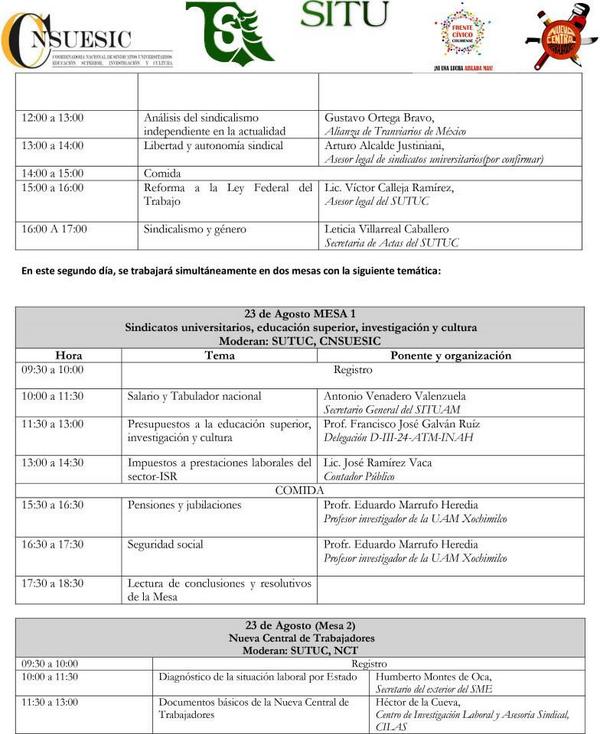 PROGRAMA FORO NACIONAL
"PROBLEMÁTICA ACTUAL DE LOS SINDICATOS EN MÉXICO Y SINDICALISMO UNIVERSITARIO INDEPENDIENTE"