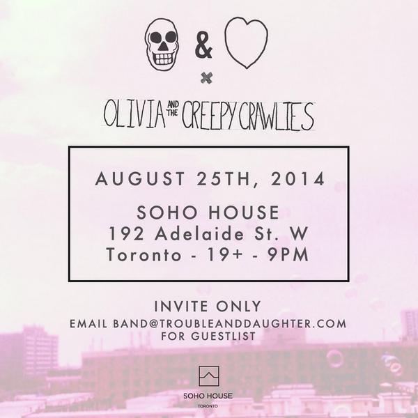 troubledaughter's tweet photo. TORONTO: August 25 were gonna be playing at Soho House w/ our friends @CreepyCrawlBand. We wanna see ya all there xx http://t.co/u5vnswFpVb