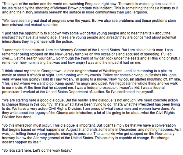 ryanjreilly's tweet image. Excerpts from Eric Holder’s remarks at community college today #Ferguson