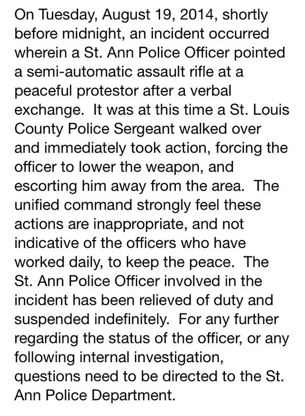 LauraKHettiger's tweet image. Update from @stlcountypd re: police officer's "inappropriate" actions overnight in #Ferguson @kmov