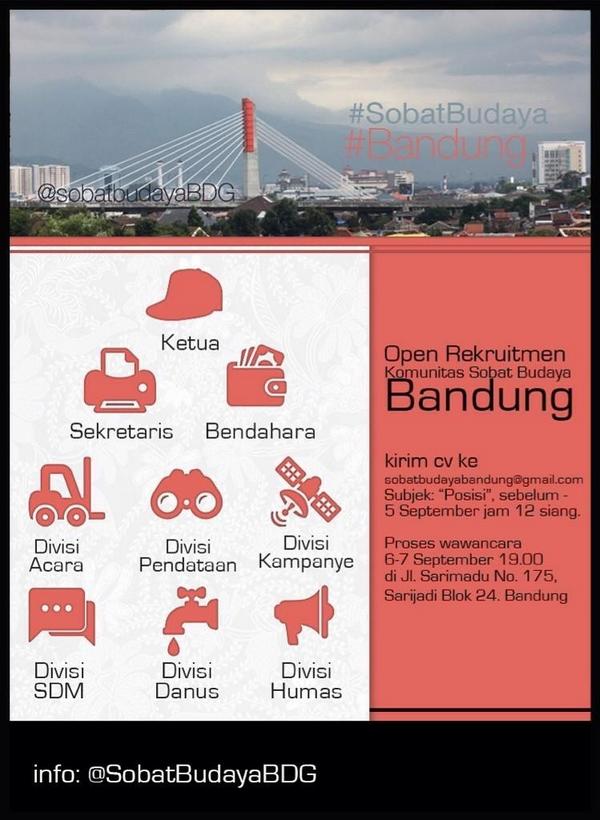 “<a href="/sobatbudaya/">Sobat Budaya</a>: #OprecSB <a href="/SobatBudayaBDG/">Sobat Budaya Bandung</a> sudah di buka. Yu daftar dgn mengirim CV kamu ke sobatbudayabdg@gmail.com