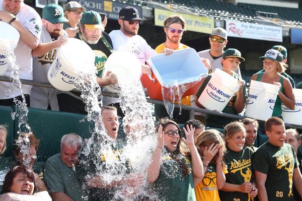 Athletics's tweet photo. Thanks @SFGiants Front Office, we've accepted your #ALSIceBucketChallenge. Your move, @Angels &amp; @SJEarthquakes. http://t.co/QEwt8ApqaD