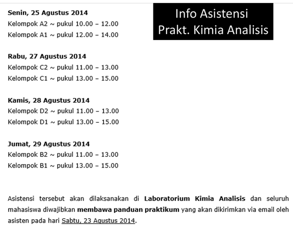 PENTING! Asistensi Praktikum Kimia Analisis bagi @FSMA_13 <a href="/FSMB_13/">Fsm B 2013</a> <a href="/FSMC13/">FSM C 2013</a> <a href="/FSMD_13/">Farmasi D USD 2013</a> sudah dimulai minggu pertama.
