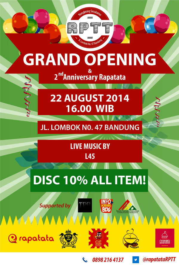 Tweeps.. Jgn lupa nih bakal ada Grand Opening <a href="/rapatataRPTT/">follow @RPTT_RPTT</a> sekaligus ultah ke-2 <a href="/Rapatata/">Agent ivan</a> 22 Agt jam 16.00.
