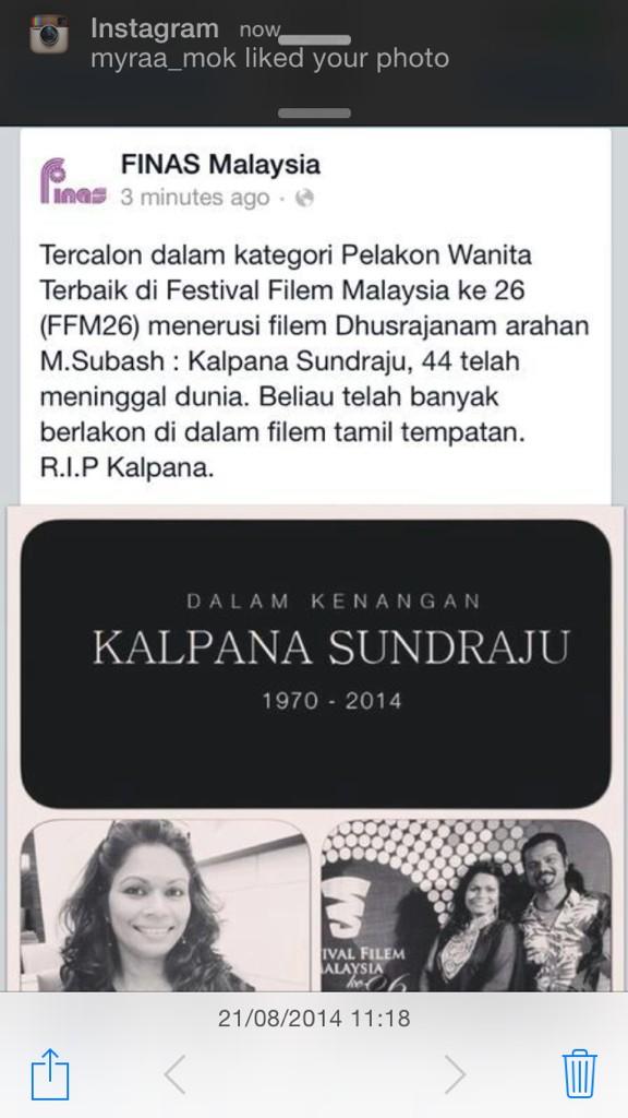 Fatimah Abu Bakar On Twitter Sad Rip Kalpana Was Told She And Family Were So Happy At Ffm26 Night To Announce Top 5 Heartbreaking Http T Co 0tsaerr7dn