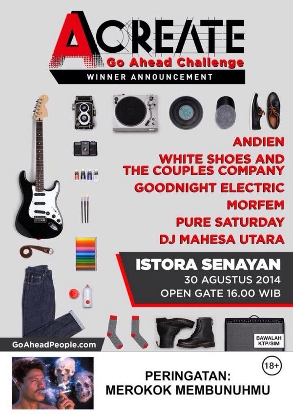"TODAY! #GoAheadPeople at Istora Senayan #ACreate w/ <a href="/andienaisyah/">andien</a> <a href="/goodnightelctrc/">GOODNIGHT ELECTRIC</a> <a href="/wsatcc/">White Shoes</a> <a href="/PureSaturdayBdg/">Pure Saturday</a> etc  18+"