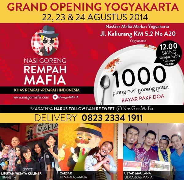 infojogja's tweet photo. Grand Opening Nasgor Mafia Jogja, 1000 piring gratis bayar pake doa. Follow dan RT @nasgormafia http://t.co/WYNdfmg1ZJ