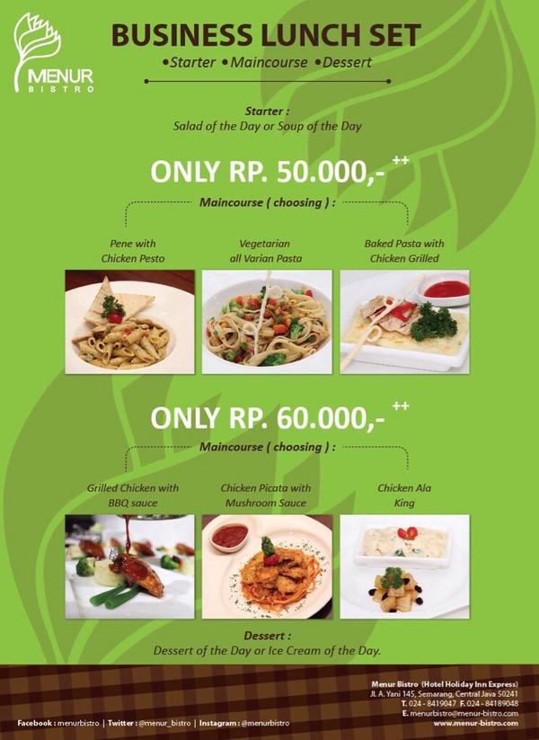 Nikmati sajian makan siang lengkap dr Appetizer, Main Course, Dessert dgn harga yg sangat terjangkau.