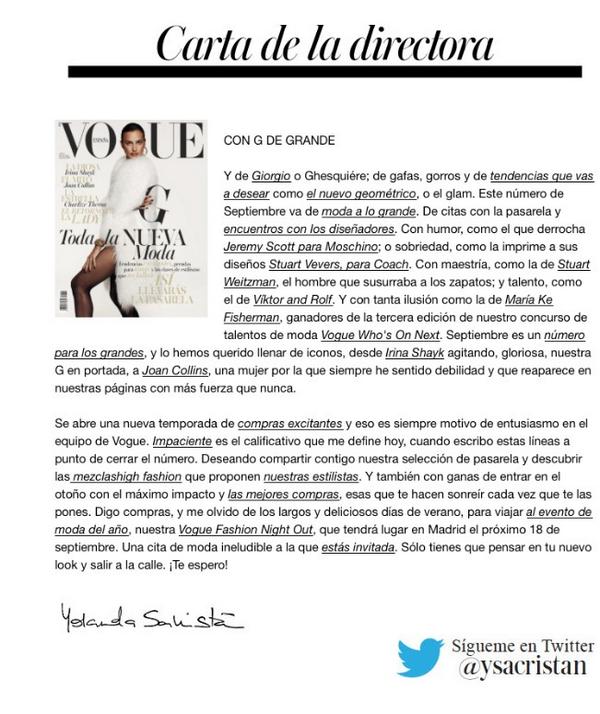 AdriFittingRoom's tweet photo. Una vez mas la carta de @ysacristan es un rotundo acierto #Enhorabuena @VogueSpain http://t.co/Zt0gfpQmom