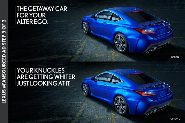 Lexus's tweet image. The original #LexusF ad in @ESPNmag needs a headline. RT for option 1. FAVORITE for option 2. #FanSourced