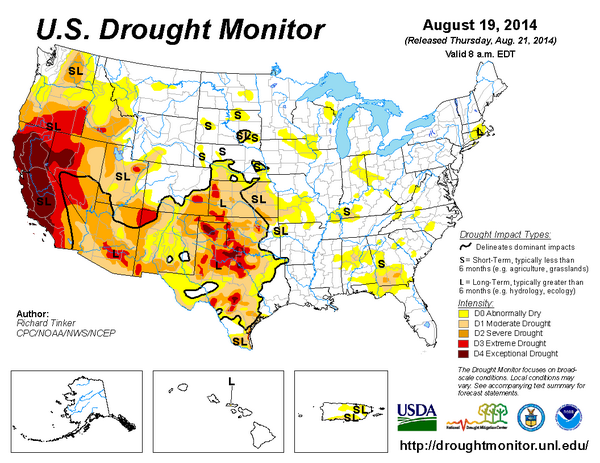 AUG 19 #DroughtMonitor: moderate to exceptional drought covers 33.6% of contig US drought.gov