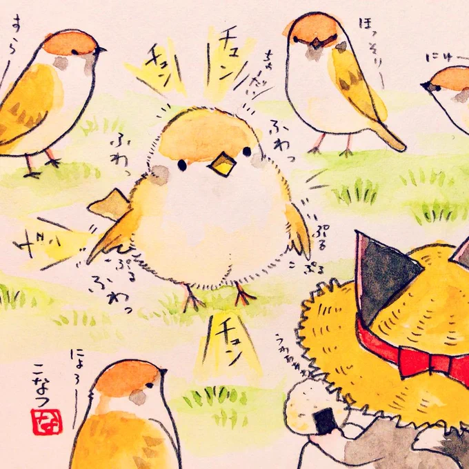 落描き絵日記:夏のスズメは暑いので羽をピタッとさせていてほっそりしている。しかし子スズメはふわっふわをキープしている。 