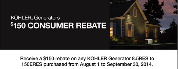 RTPowerSystems's tweet image. Great rebate offer on the purchase of a Whole Home Generator now through September 2014!  #KohlerGenerator