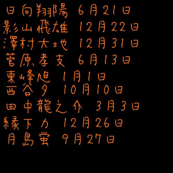 ট ইট র もも 岩ちゃんが 私とした事かとても重大なミスをしてました のやっさん 田中さん 縁下さん ツッキーの誕生日を入れてなかった 改めて作ったハイキュー 烏野メンバーの誕生日表 ハイキュー ハイキュー大好きrt いいなと思ったらrt
