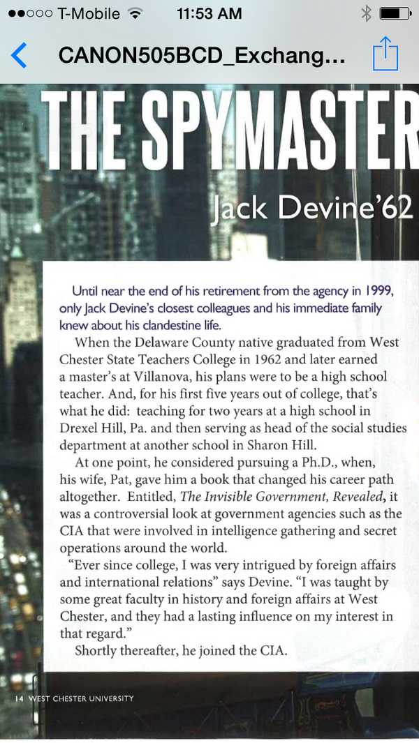 WCUAA's tweet photo. #RamPride RT @JackDevine_TAG: Thank you @WCUofPA @WCUAlumni for the great article!  #CIA @fsgbooks http://t.co/Bbvu89a7Sn