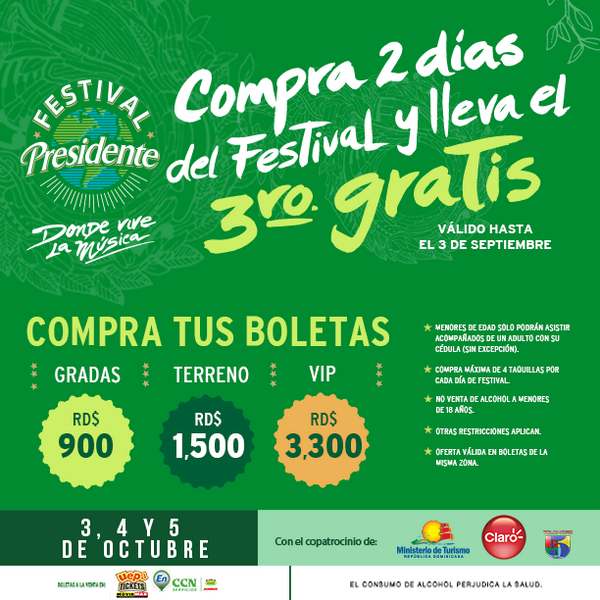 CervPresidente's tweet photo. ¿Vas los 3 días al #FestivalPresidente2014? ¡Pues aprovecha nuestro 3x2 y compra tus boletas! http://t.co/X9b35JhfKG