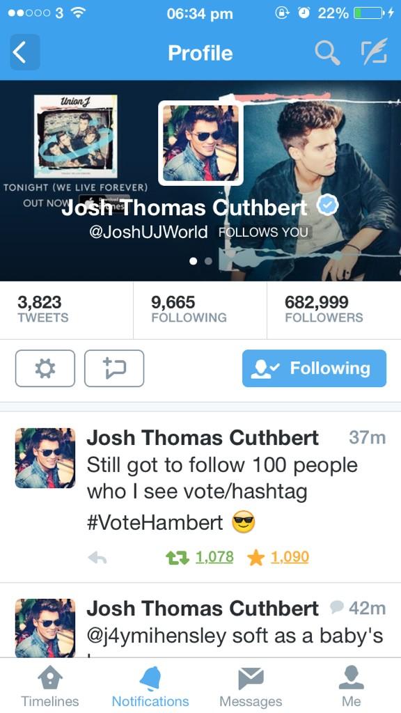 1D5SOSUJR94's tweet photo. OMG HAS THAT ACTUALLY HAPPENED @JoshUJWorld someone pinch me this is a dream #VoteHambert :) 💕💕 http://t.co/C0dA5tsddy