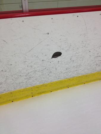 Shea Weber's slap shot puts a hole in the boards during a summer training session. thesco.re/1pOaUqp