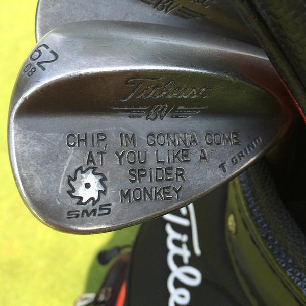 Golfweek_Dusek's tweet photo. I snickered like a Walker and Texas Ranger all day after seeing @Morgan_Hoffmann's @VokeyWedges SM5. #Golfweek http://t.co/m4OeWwrHDA