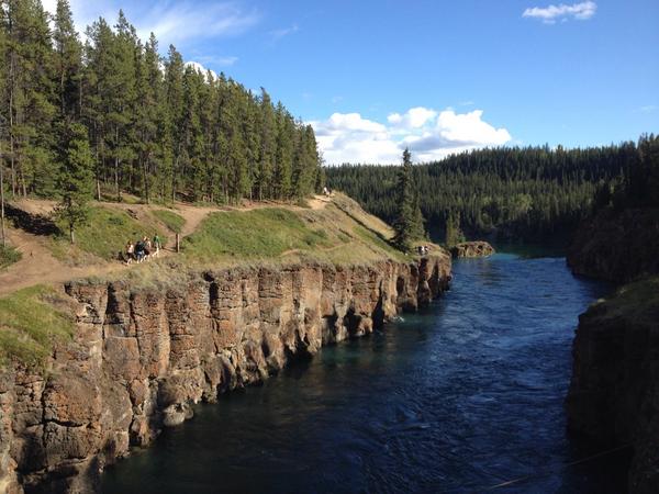 ExploreCanada's tweet photo. Wow! RT @Spiritwood: Hikers @ Mile Canyon's basaltic cliffs: I SO want to kayak here! #ExploreYukon #GoMedia2014 http://t.co/GQlO2KI9Vr