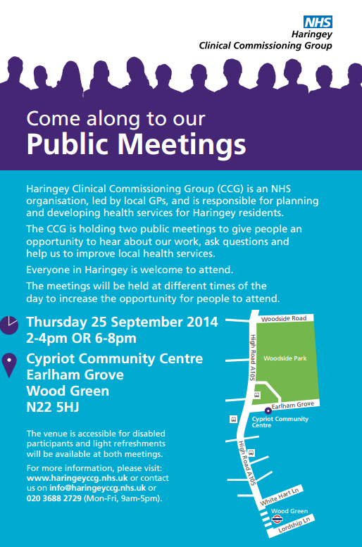 HaringeyNCLICB's tweet photo. Live in Haringey? We would love to see you at our public meetings on 25 Sept: 2-4pm OR 6-8pm http://t.co/rXPcbe1CRM http://t.co/tY4FSNEO0x