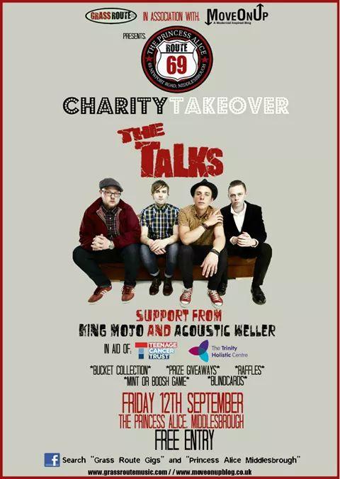 GrassRouteMusic's tweet photo. @thetalks play 1st ever Route 69 "Move On Up" Charity Takeover at The Princess Alice Mbro FRI 12th SEP W/ @kingmojo_1 http://t.co/r2SQ6gdJQT