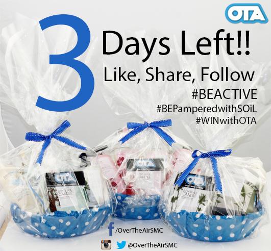 OverTheAirSMC's tweet photo. 3 more days!!! #BeActive #WINwithOTA #BEPamperedwithSOiL http://t.co/0ZzXyB0S5k