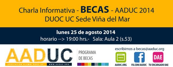 AADUC's tweet photo. 25 agosto charla informativa #BECAS #AADUC2014 @DuocUC_Vina @AlumniDuocUC @AlumnosDuocUC #aaducestacontigo http://t.co/bppxxKfWzm