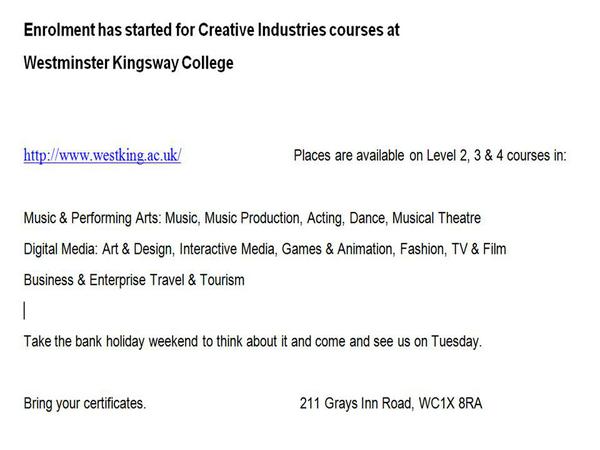 westking_arts's tweet photo. Enrolling now.16+? Pop in on Tuesday. #courses #FE #results #gcse #options #careers #progression #arts #dance #stage http://t.co/LxBeAnD5VL