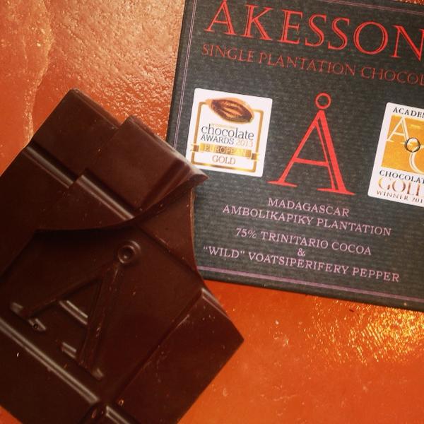 Sampling <a href="/Akessons/">Åkesson's</a> 75% Trinitario Cocoa &amp; "Wild" Voatsiperifery Pepper! So happy to have it back in stock in NYC!