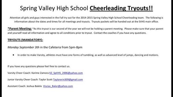 SV_VarsityCheer's tweet photo. We are holding a 2nd tryout for all interested in becoming a SVHS cheerleader!!! Hope to see you there! (RT to share) http://t.co/uMyhPDgsF2