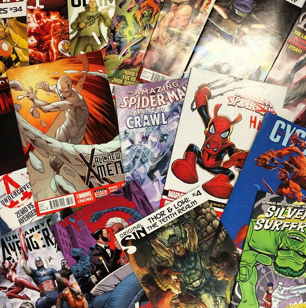 Marvel's tweet image. Next week's comics are in the building - here's a sneak peek! What'll be in your #MarvelStack? Instagram.com/Marvel
