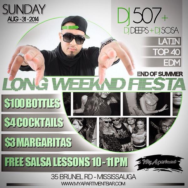 deejay507's tweet photo. ‼️NEXT WEEK‼️
Inside MY APARTMENT BAR 
• End of Summer •
LONG WEEKEND FIESTA
416 835 5597 http://t.co/XNqlYpzp00