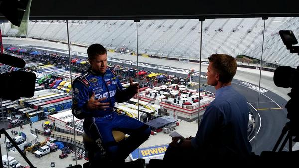 RandyWFuller's tweet photo. @MartySmithESPN and #CarlEdwards talking @BMSupdates. They have a great view thanks to @ESPNNASCAR @roushfenway http://t.co/Ps6nQX2kl3