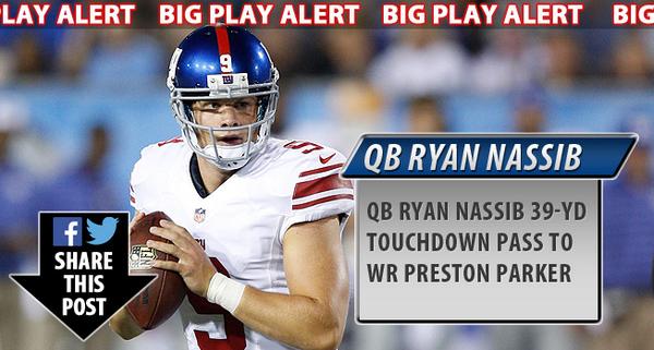 Giants's tweet photo. BIG PLAY ALERT: QB Ryan Nassib with a beautiful 39yd TD pass to WR Preston Parker! #NYGvsNYJ #NFL #NYGiants http://t.co/968k3CyAwk