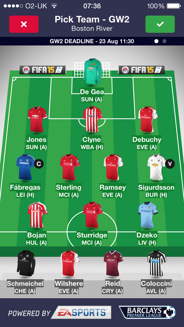 BostonRiver_FPL's tweet photo. Here’s my #FPL #GW2 team! 1 transfer made this week - Caulker out, Clyne in. What do you think? http://t.co/2bsPVkuh5o