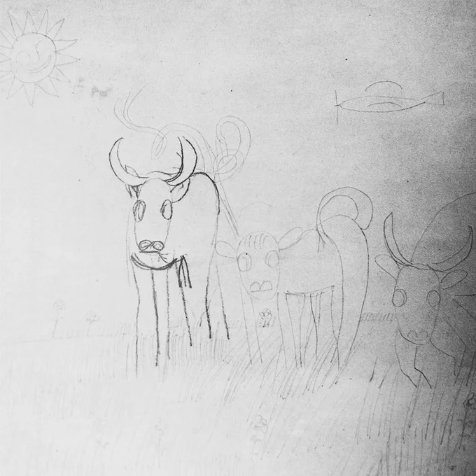 Even Brancusi, a renowned sculptor and at age 53, drew stick-legged cows &amp; suns w smiley faces. 