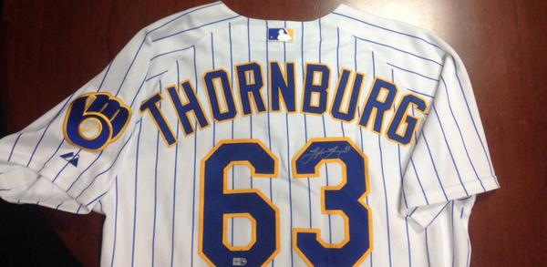 Brewers's tweet photo. RETWEET to win this @TylerThornburg jersey and help us grab $10K for @MLBRBI: http://t.co/14YmXIPJwd #WHIFF http://t.co/2CLKHwmEdd