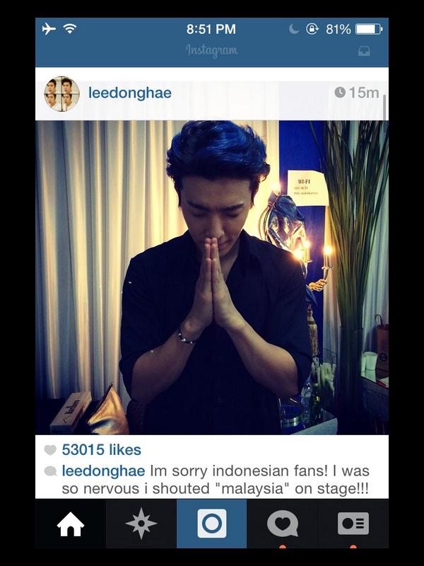 jeiqeon's tweet photo. RT @fxsullx Donghae instagram updates! 'Im sorry Indonesian fans!i was so nervous I shouted 'Malaysia'on stage! http://t.co/yzKkmUhTAi