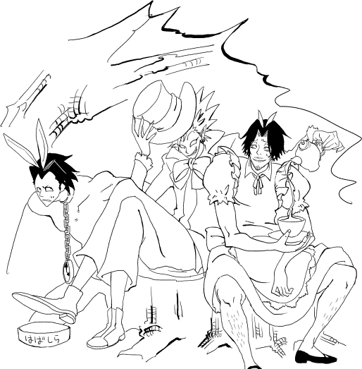 キッドさんヒル魔様葉柱さんありがとうございました! byわたしは一番目にリプ来たキャラをアリス、二番目をマッドハッター、三番目を白うさぎ、四番目をハートの女王にしてアリスパロ描く 