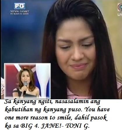 berry_kij's tweet photo. Ngayon lang nag-sink in sa aking sinabi ni Toni bago tawagin si Jane kanina for Big 4. Sarap sa puso. @itsJaneOineza http://t.co/yKSyPA1idz
