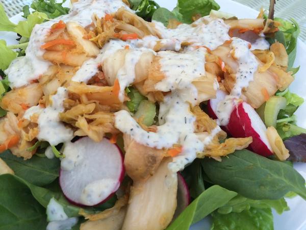 lorimaher's tweet image. Day 5 salad challenge @_KimberlySnyder - no time to make a dressing, so used Hilary's Ranch Chia.