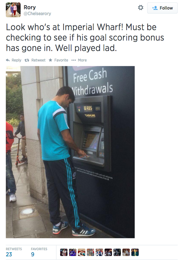 FootballFunnys's tweet photo. Diego Costa is checking if his goal-bonus has come through or not.. http://t.co/AZJXnvxbIS