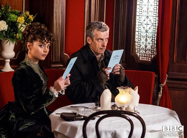 AMCDoctorWho's tweet photo. The Doctor: "There's no pictures. Do you have a children's menu?" #DoctorWho #DoctorWhoSeries8 http://t.co/0PLDt2hl4l