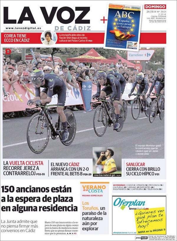 Movistar_Team's tweet photo. La prensa local de Jerez y Cádiz tiene hoy un mismo color. ¡Muy buenos días! #LaVuelta @diariodejerez @lavozdigital http://t.co/EaWW45tPkL