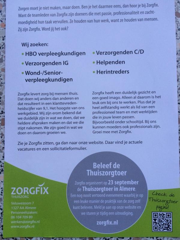 Zorgfix's tweet image. Dank je wel! RT @aaltjevincent: Huis-aan-Huis #vacature folder @Zorgfix Almere doet Thuiszorgtoer 23 sept; praktijk!