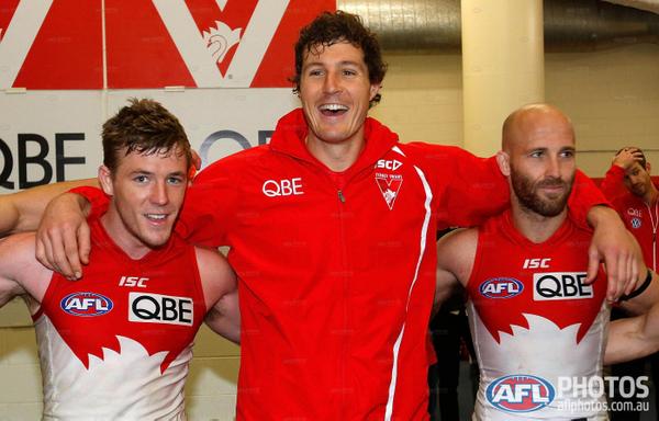 sydneyswans's tweet image. Cheer, cheer down in Melbourne. Always great red and white support in the stands #AFLDogsSwans #goswans