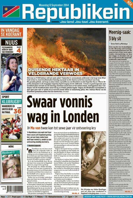 Ons voorblad: Lees oor 'n Namibiese ma wat haar vonnis vir ontvoering in Brittanje afwag.