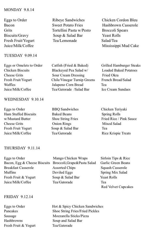 Menu: Week of 9/8/14